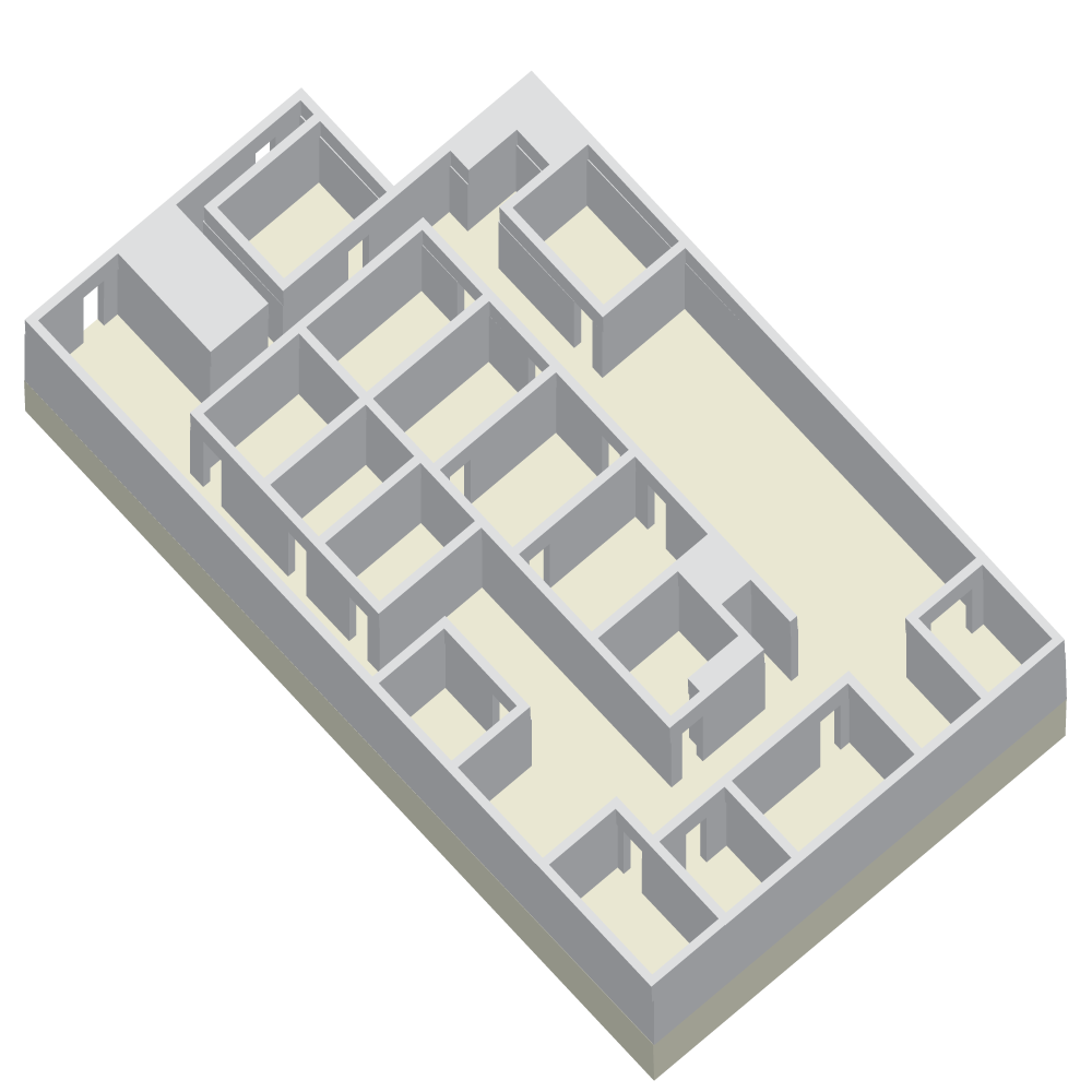 Floor plan for Level 1 — open workspace, front desk, conference rooms, coffee bar